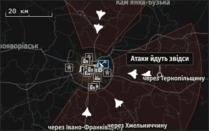 Брифінг пізнішої зміни: тьмяні червоні сектори навколо міста показують, звідки йдуть атаки, без маршрутів і цілей.