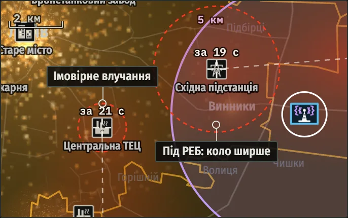 Два «Шахеди» біля своїх цілей, у кожного пунктирне коло, куди він найімовірніше впаде; у того, що під фіолетовим куполом РЕБ, коло значно ширше.