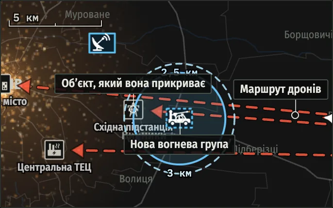 Планування: вогневу групу ставлять на схід від підстанції, звідки підходять червоні стрілки маршрутів сьогоднішніх дронів.